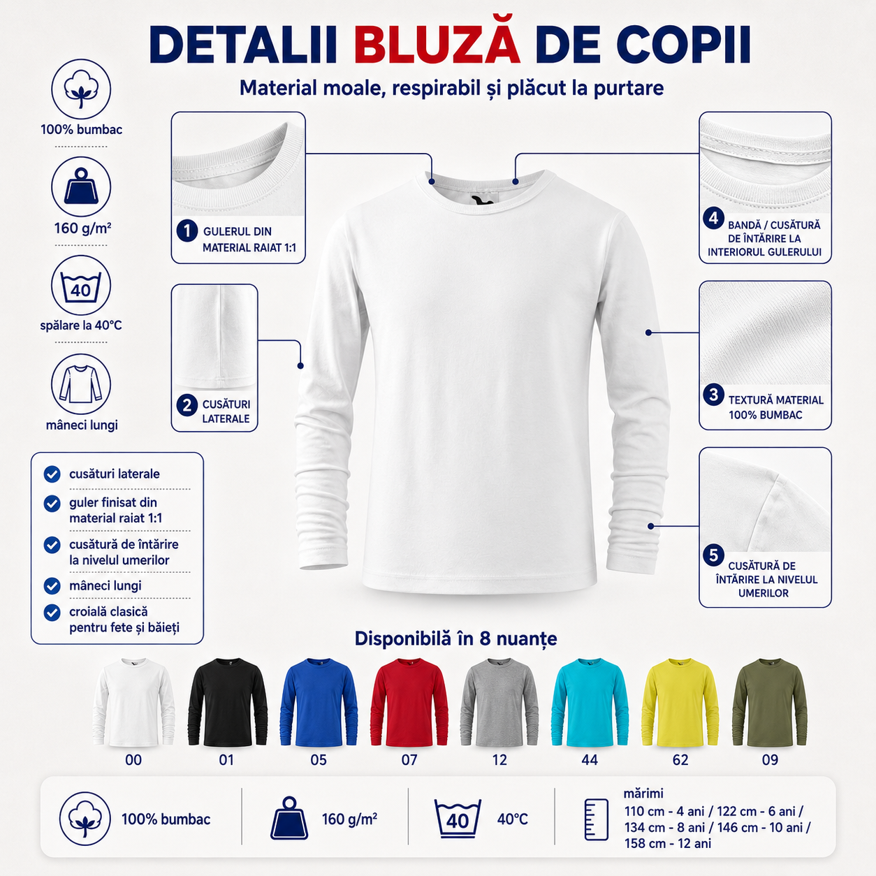 Detalii bluză copii cu m&acirc;necă lungă 100% bumbac, guler raiat 1:1, cusături laterale și &icirc;ntărire la umeri